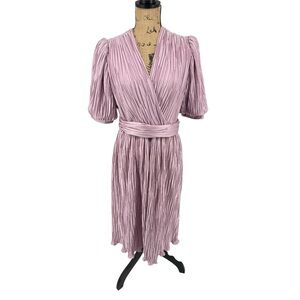 VTG 80s Crinkle Pleated Faux Wrap Style Dress Union Made Dusty Pink‎ Puff Sleeve